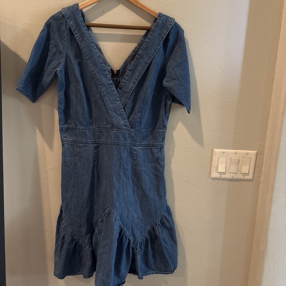 eShakti Denim Blue Midi Fit Flare Dress Womens Size Medium V Neck Cotton Pockets